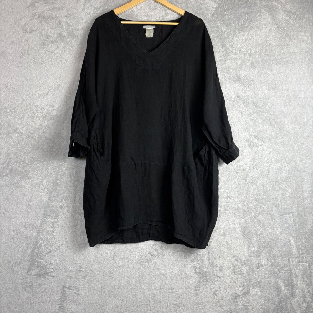 Sarah Pacini Dress Tunic Oversized Large Black Linen V-Neck Pockets Lagenlook